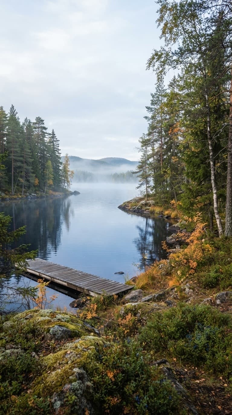 Misty lakeside wooden pier